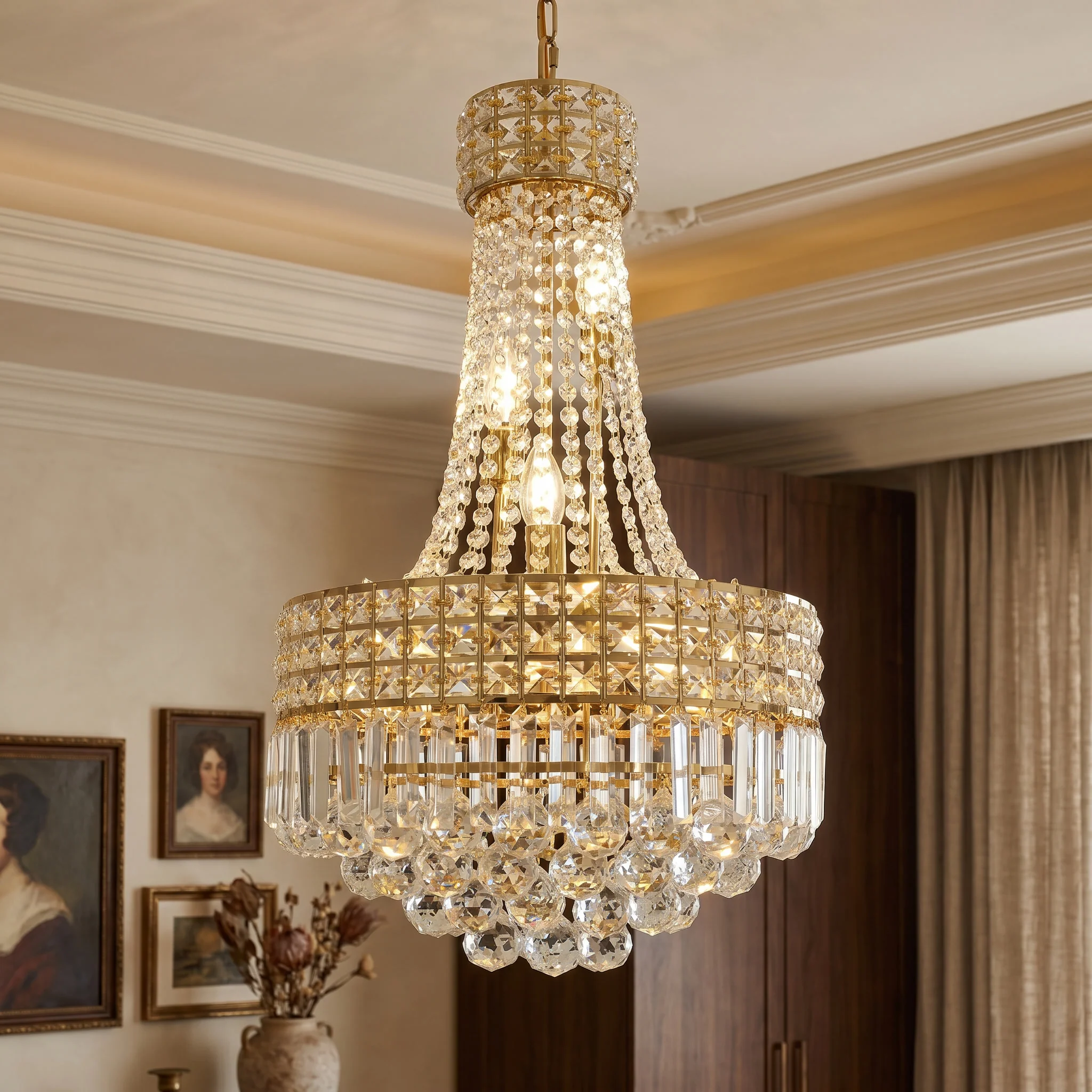 kf-S0ad1e031d931443bb2332f6807f7e1d0w Luxury Gold Empire K9 Crystal Chandelier - Image 1