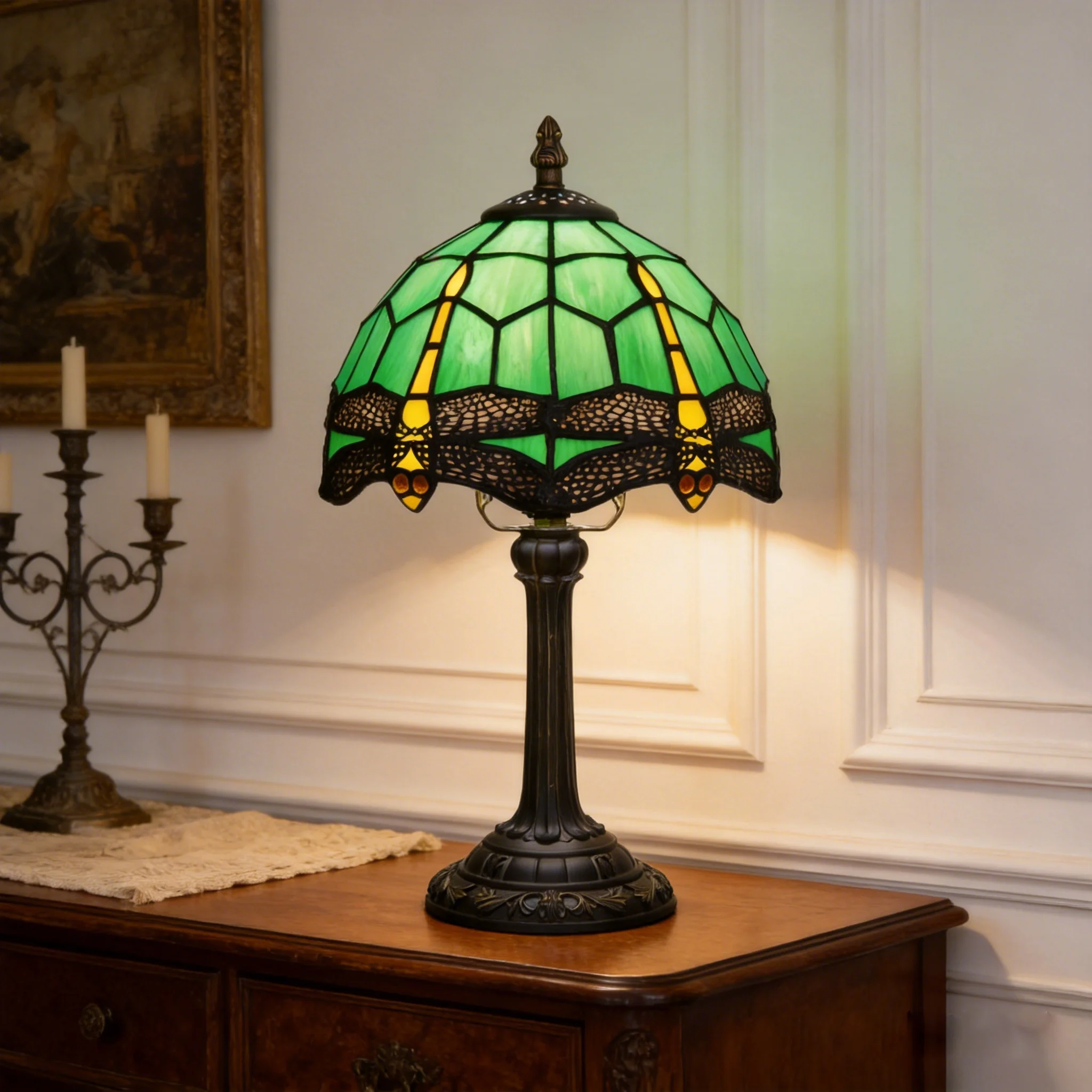 kf-S3844d8037c06476a90f4554d6f42a834s Tiffany Style 8 Inch Stained Glass Green dragonfly - Image 1
