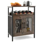 **Industrial Wine Bar Cabinet with Wine Rack & Glass Holders – Rustic Kitchen Storage Sideboard**