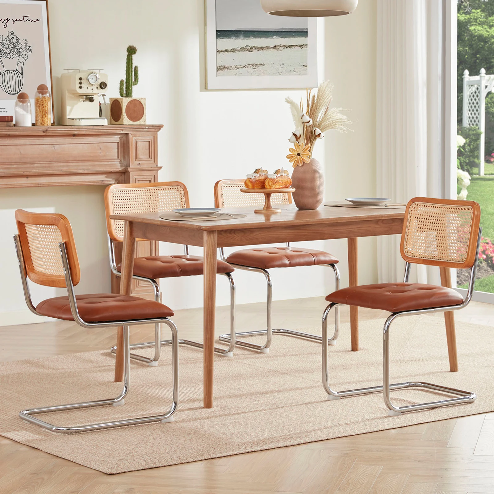 kf-Sbe91fc911a2049049d0112e9fc41e98eo Set of 2 Mid-Century Modern Dining Chairs with Cane Rattan Backrest – Armless Kitchen & Dining Room Chairs - Image 1
