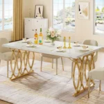 63-Inch Modern Faux Marble Dining Table with Geometric Metal Base – Luxury Kitchen & Dining Table for 4–6 People