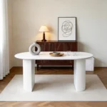 Cream Oval Coffee Table with Marble Effect Top & Sculptural Double Pedestal Base