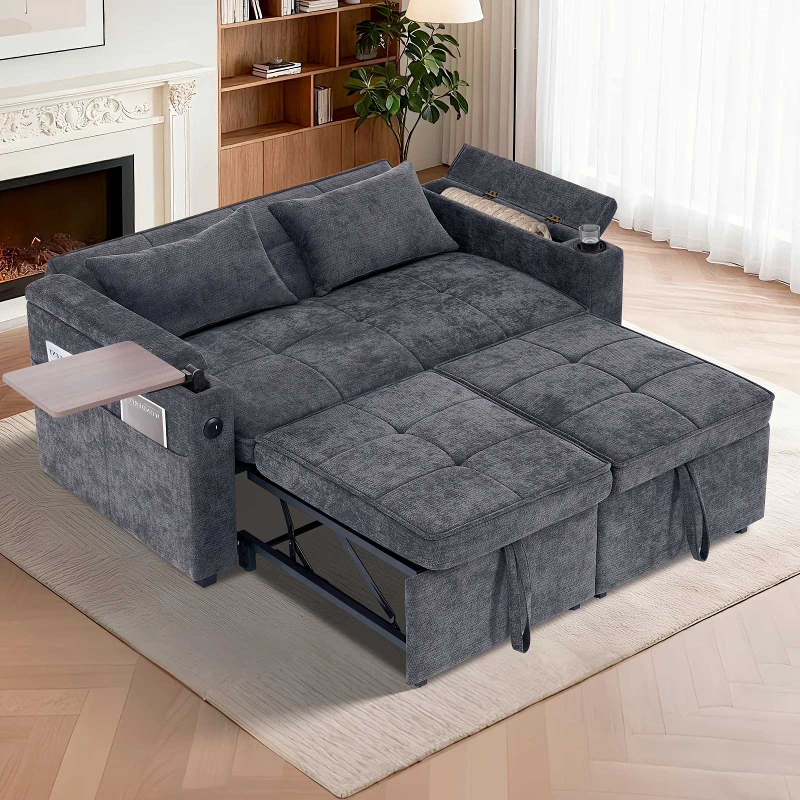 kf-Sf814feb680974ae28dbcf6e5d06c25df2 **Modern Dark Gray Fabric Sleeper Sofa Bed with Pull-Out Bed, Cup Holders & Side Storage Pockets** - Image 1